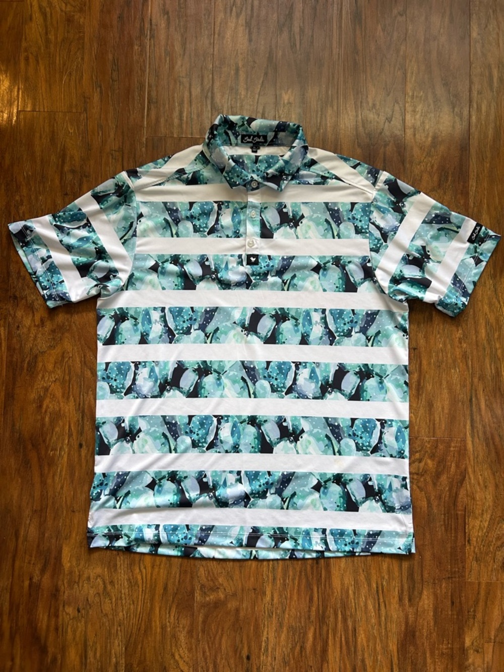 Bad Birdie Men’s Teal, White & Blue Striped Cactus Golf Polo Size XL
